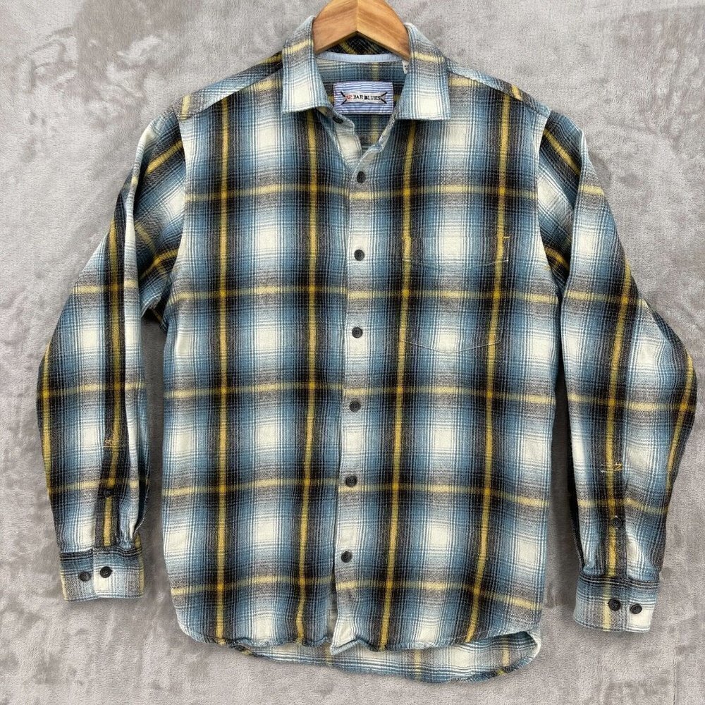 32 Bar Blues Blue Brown Plaid Button Front Flannel Shirt Grunge Classic